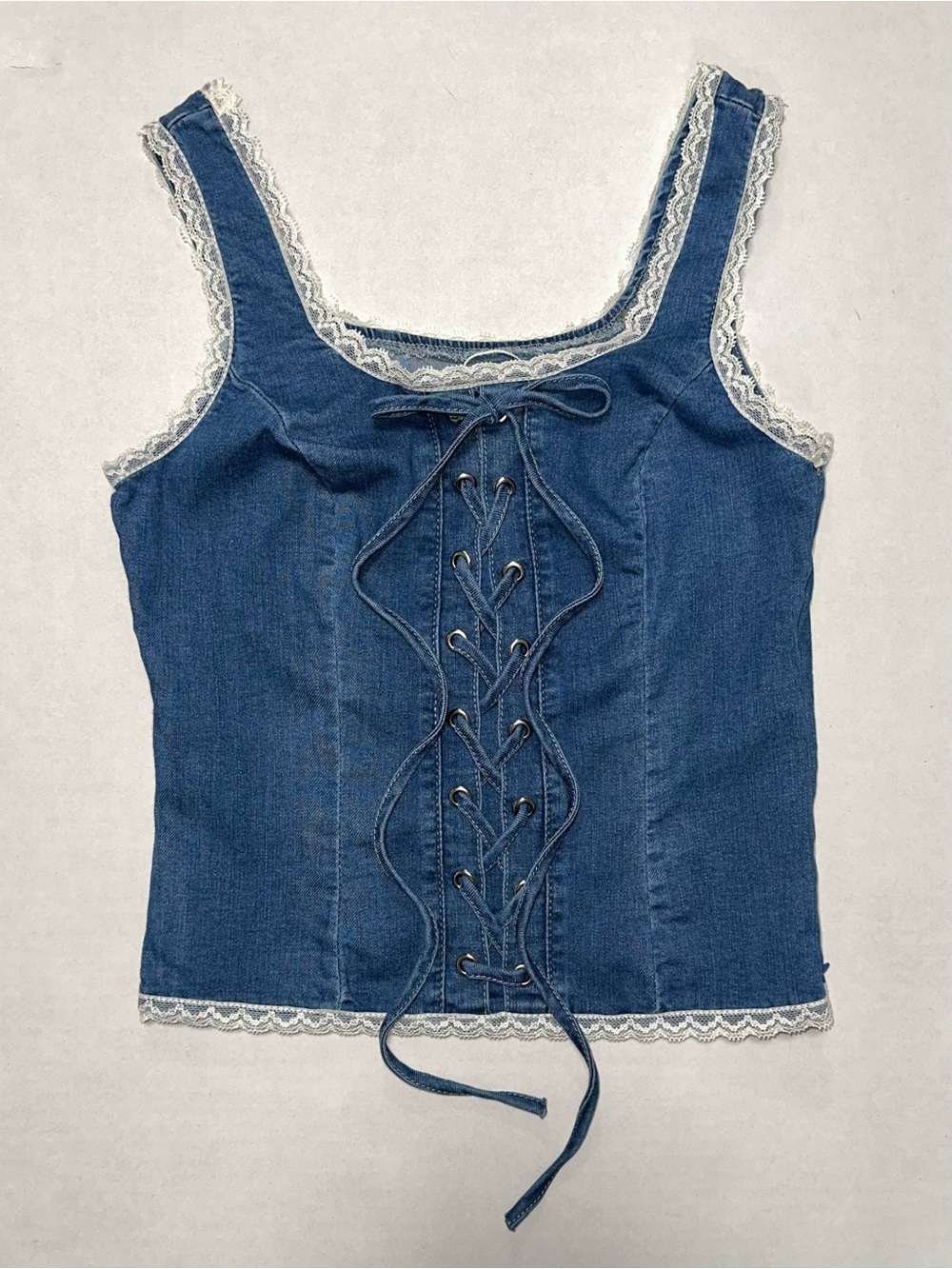 Denim Lace Trim Faux Corset Tank Top S Coquette Romantic Western Prairie NWT